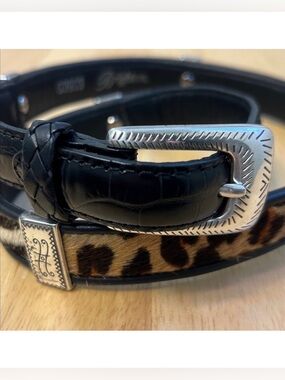 90s Brighton Cow Hair and Black Leather Animal Print Silver Tone Belt 5 Conchos